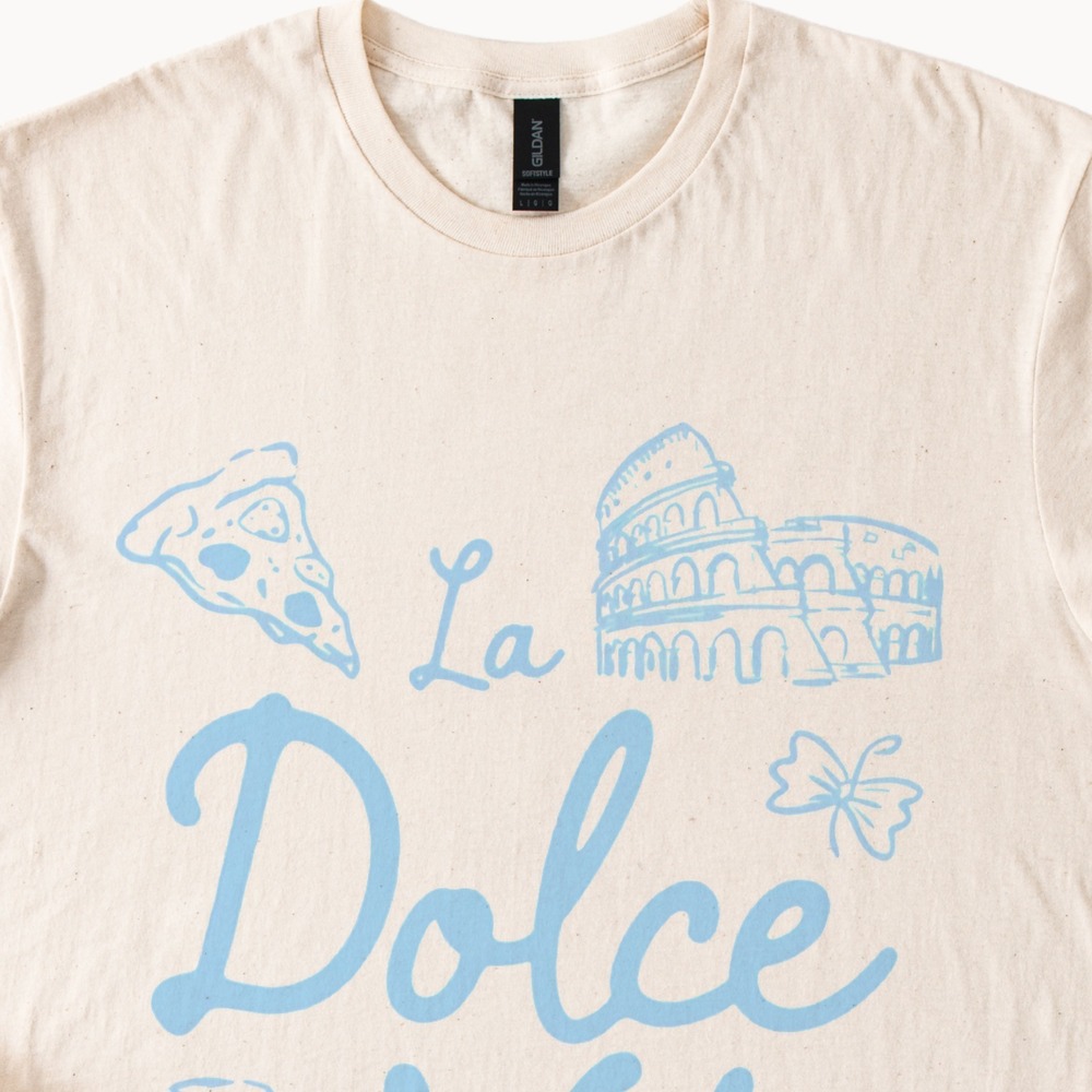 La Dolce Vita Graphic Tee with Pizza Wine and Colosseum Design